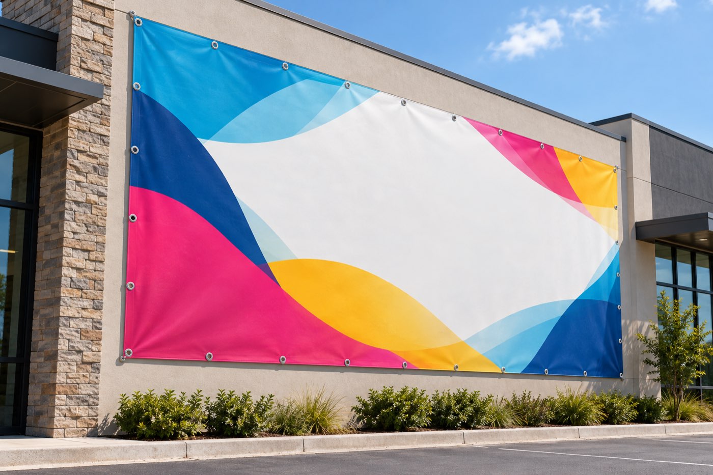 Lona publicitaria impresa a todo color con ojillos metálicos, colocada en la fachada de un local